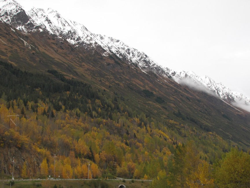 Geographic layers can be clearly seen on the side of this waterfront mountain